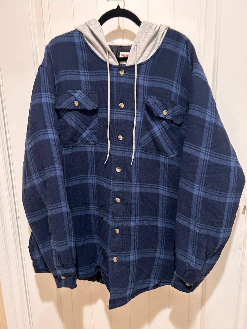 Wrangler Blue Plaid Hooded Shirt Jacket with Gray Hood